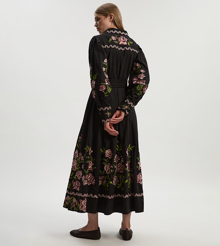Rose Embroidered Cotton Twill Woven Shirt Dress