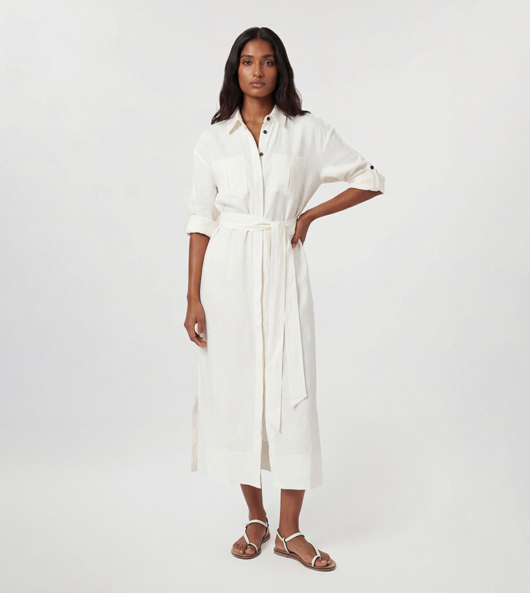 Viscose Linen Woven Belted Midi Shirt Dress