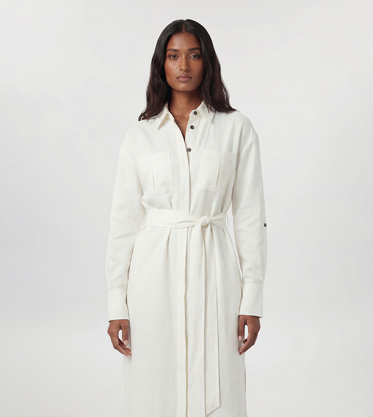 Viscose Linen Woven Belted Midi Shirt Dress