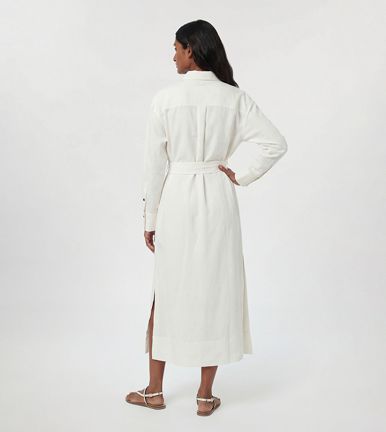 Viscose Linen Woven Belted Midi Shirt Dress