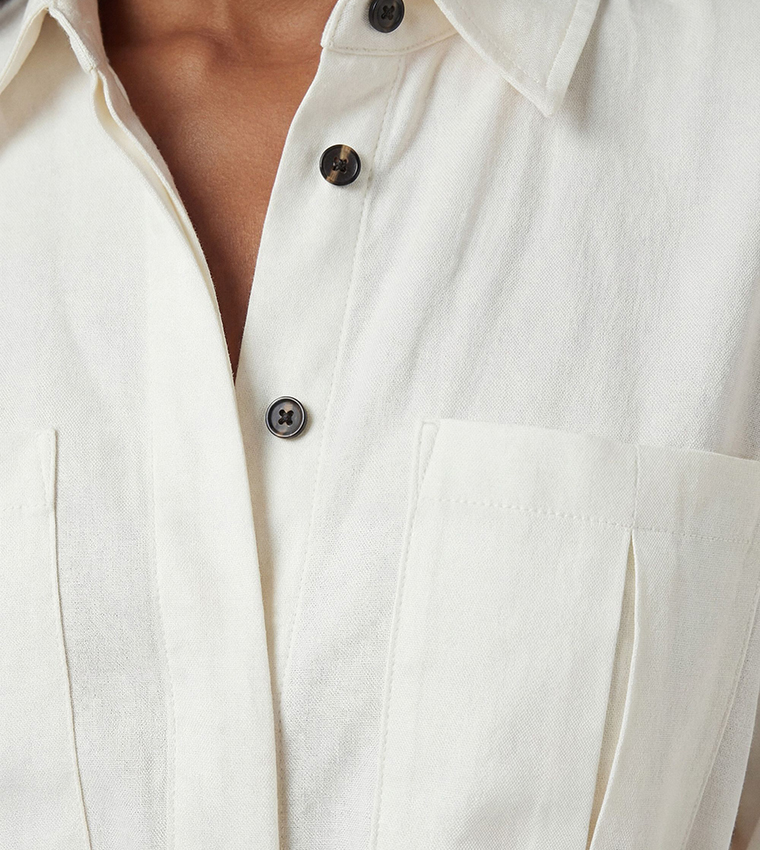 Viscose Linen Woven Belted Midi Shirt Dress
