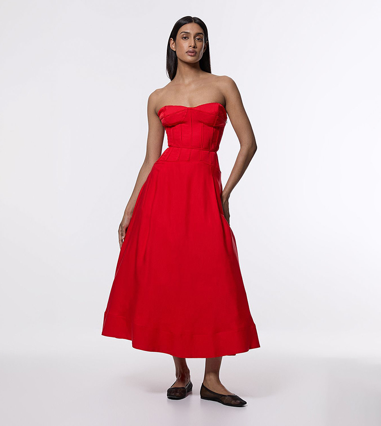 karen millen red corset dress Karen Millen Size UK 8 SATIN CORSET AMY PENCIL COCKTAIL WIGGLE DRESS RED
