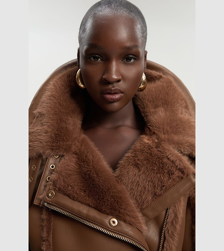 Faux Fur High Neck Belted Biker Jacket