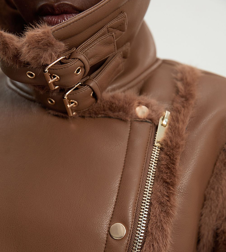 Faux Fur High Neck Belted Biker Jacket