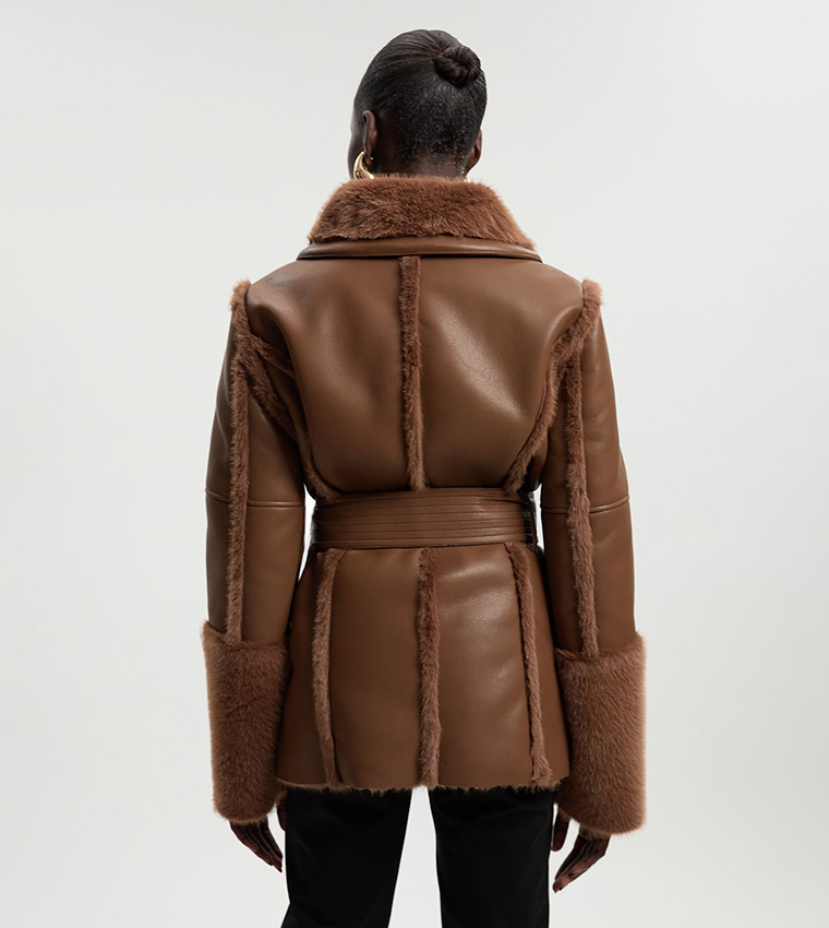 Faux Fur High Neck Belted Biker Jacket