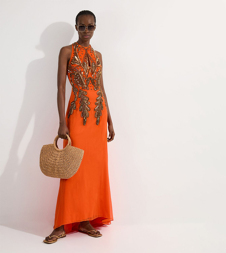 chinese dress ladies Karen Millen Orange Premium Stretch Crepe Jersey Plunge Neck Maxi Dress UK  XS main image 1