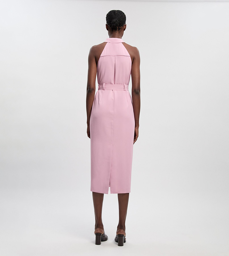 Buy Karen Millen Twill Contrast Collar Woven Halter Neck Midi Dress In Pink  | 6thStreet Oman