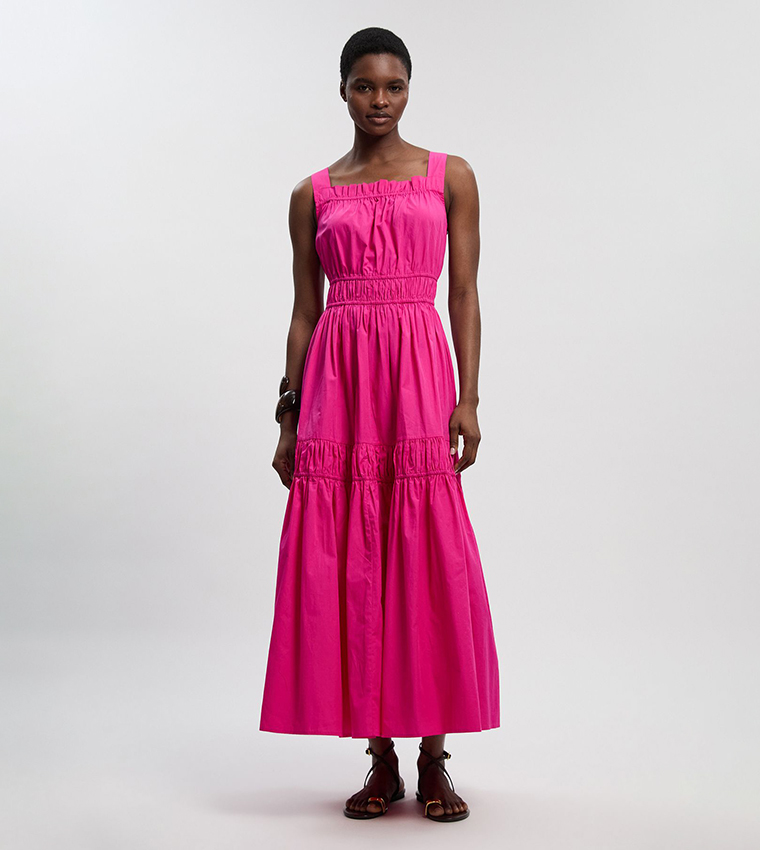 فستان ماكسي قطن بحمالات وطبقات وخصر مطاطي