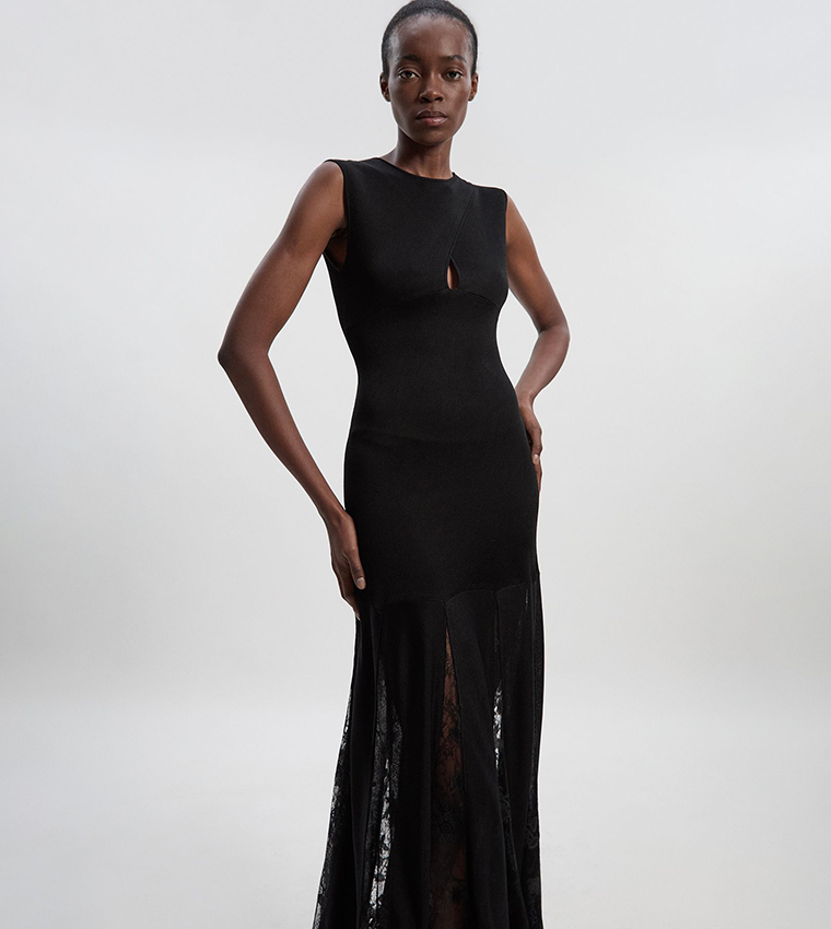 Buy Karen Millen Viscose Blend Slinky Sheer Lace Detail Knit Maxi Dress In Black | 6thstreet UAE Buy Karen Millen Viscose Blend Slinky Sheer Lace Detail Knit Maxi Dress In Black | 6thstreet UAE