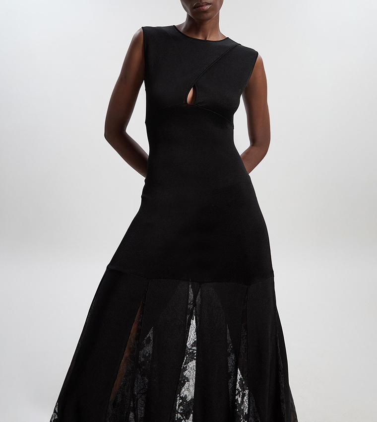 viscose blend slinky sheer lace detail asymmetric knit midaxi dress Buy Karen Millen Viscose Blend Slinky Sheer Lace Detail Asymmetric Maxi  Dress In Navy
