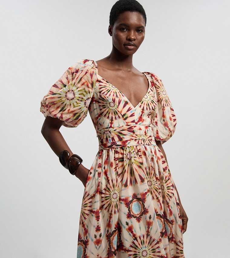 فستان ماكسي قطن حرير كم واسع وطبعة