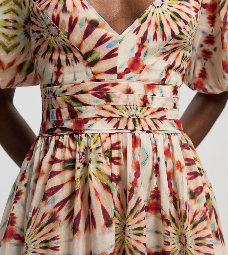 فستان ماكسي قطن حرير كم واسع وطبعة