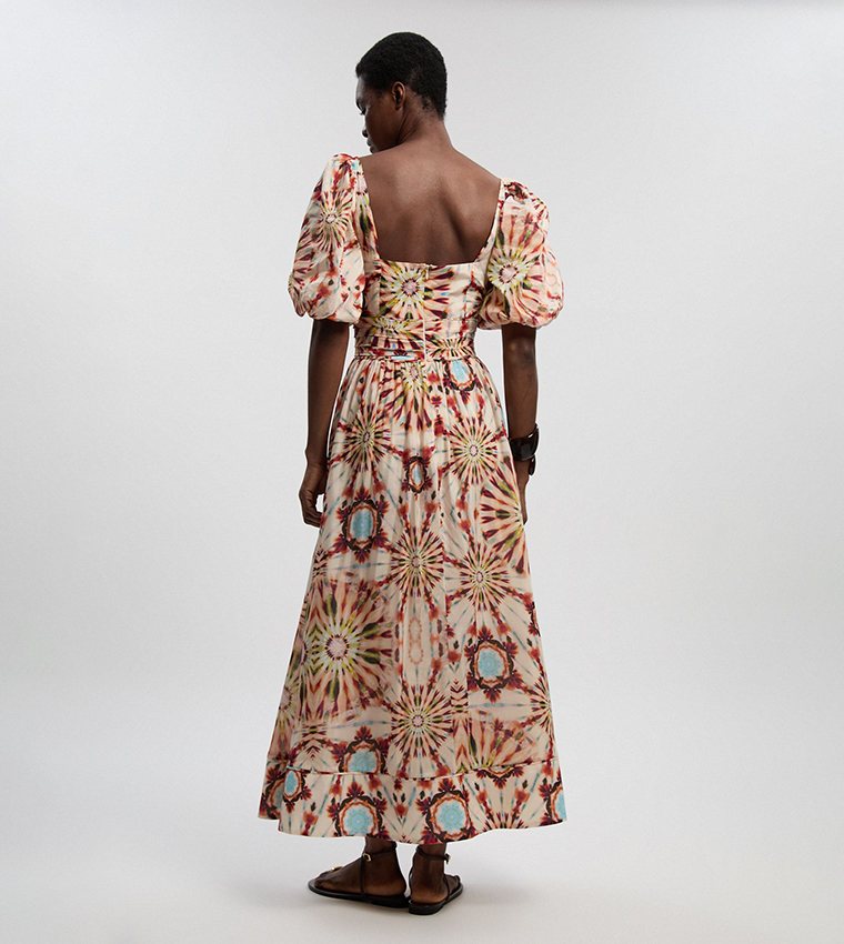 فستان ماكسي قطن حرير كم واسع وطبعة