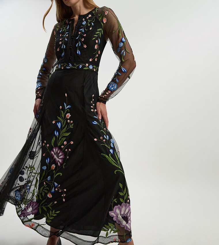 Floral Embroidered Mesh Woven Belted Maxi Dress