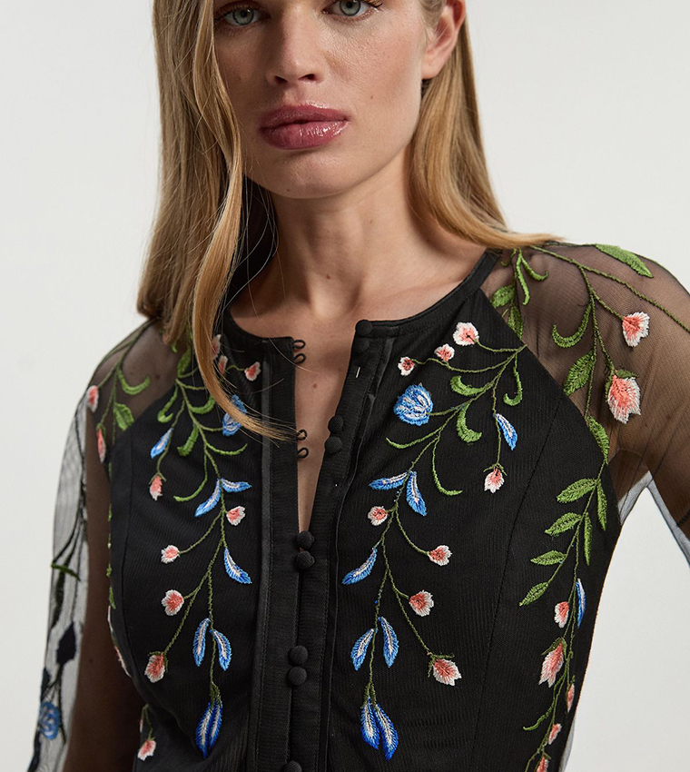 Floral Embroidered Mesh Woven Belted Maxi Dress