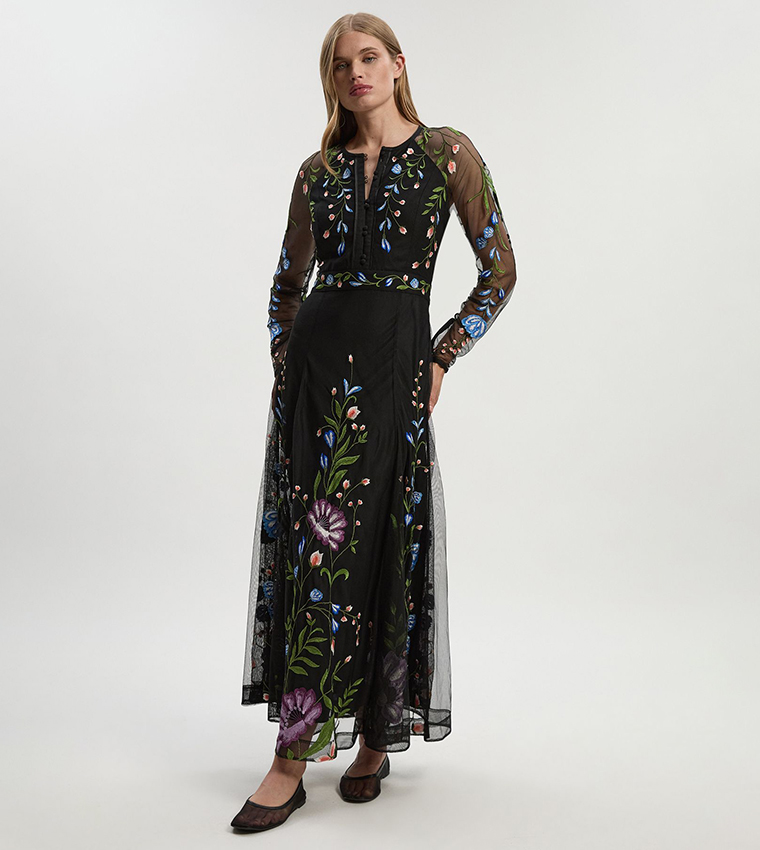 Floral Embroidered Mesh Woven Belted Maxi Dress