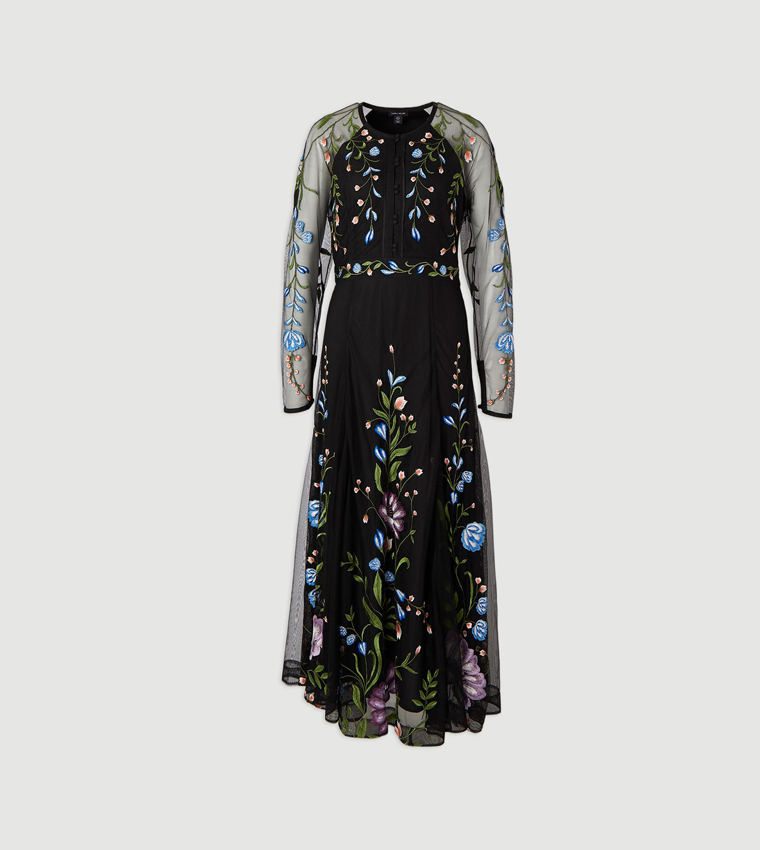 Floral Embroidered Mesh Woven Belted Maxi Dress