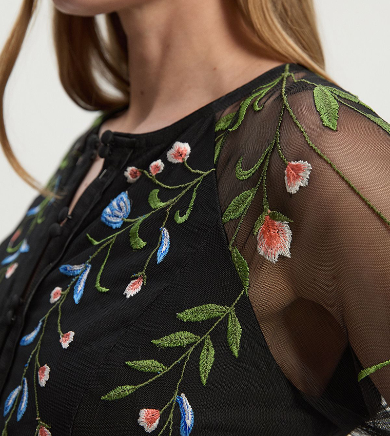 Floral Embroidered Mesh Woven Belted Maxi Dress