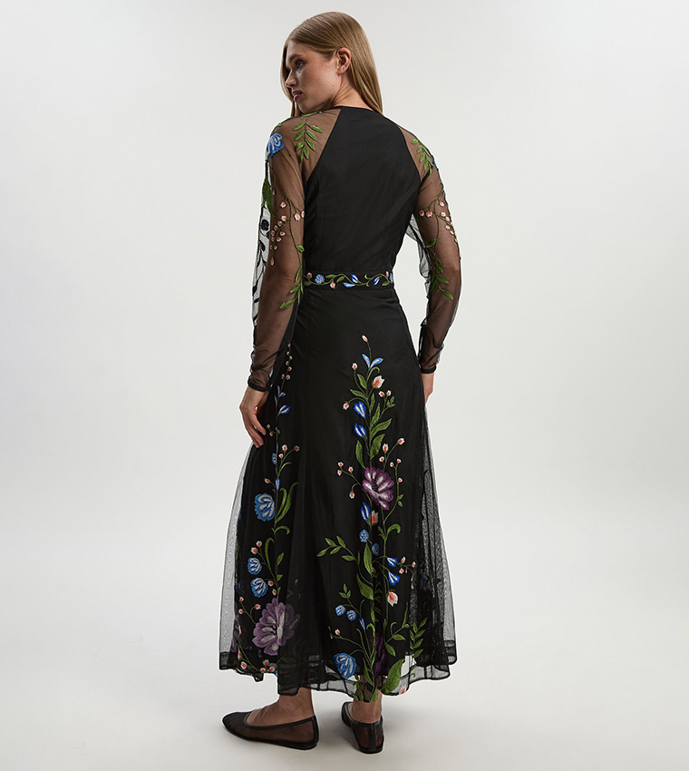 Floral Embroidered Mesh Woven Belted Maxi Dress
