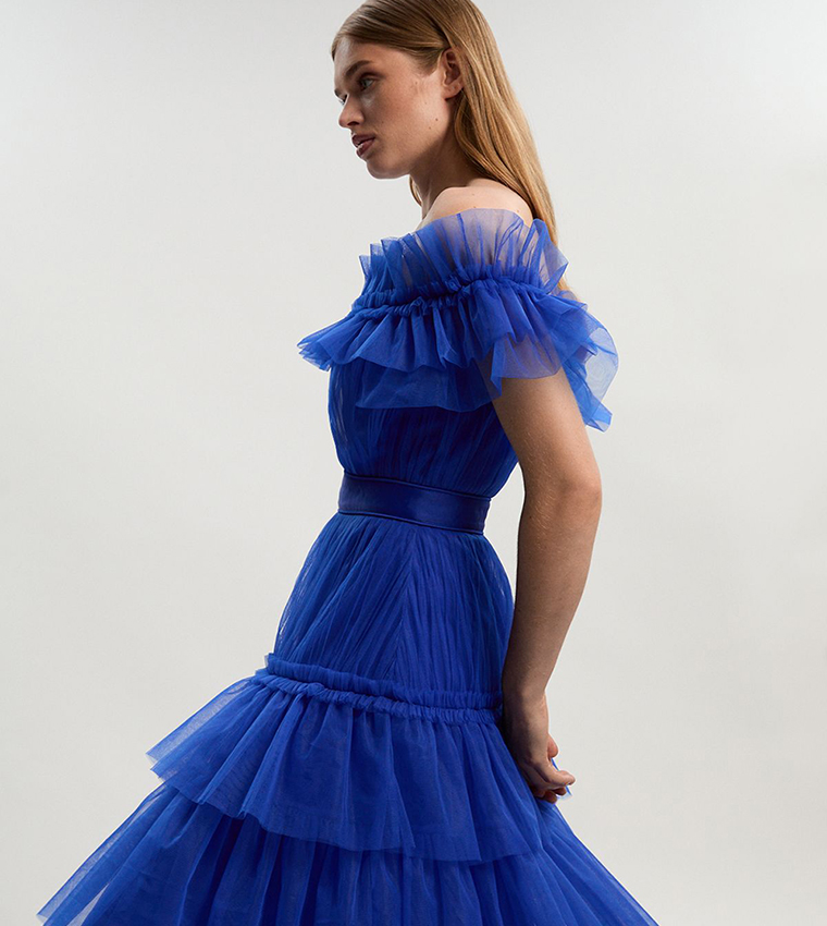 Tulle Layered Off Shoulder Maxi Dress