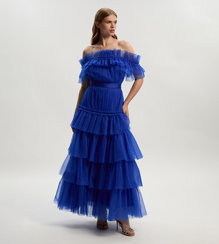 Tulle Layered Off Shoulder Maxi Dress