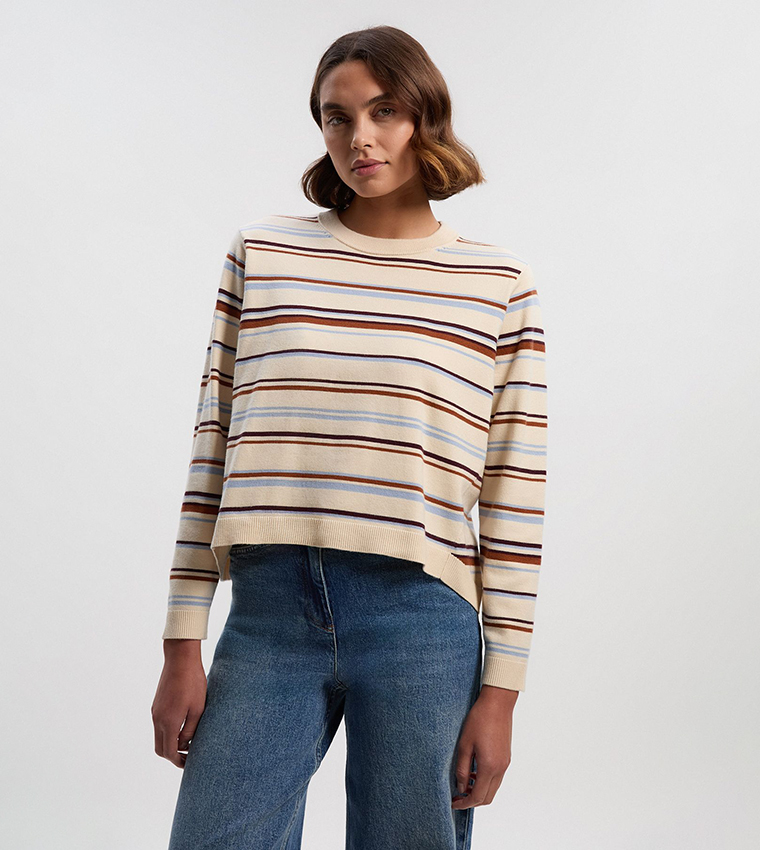 Striped Viscose Blend Crew Neck Knit T-Shirt