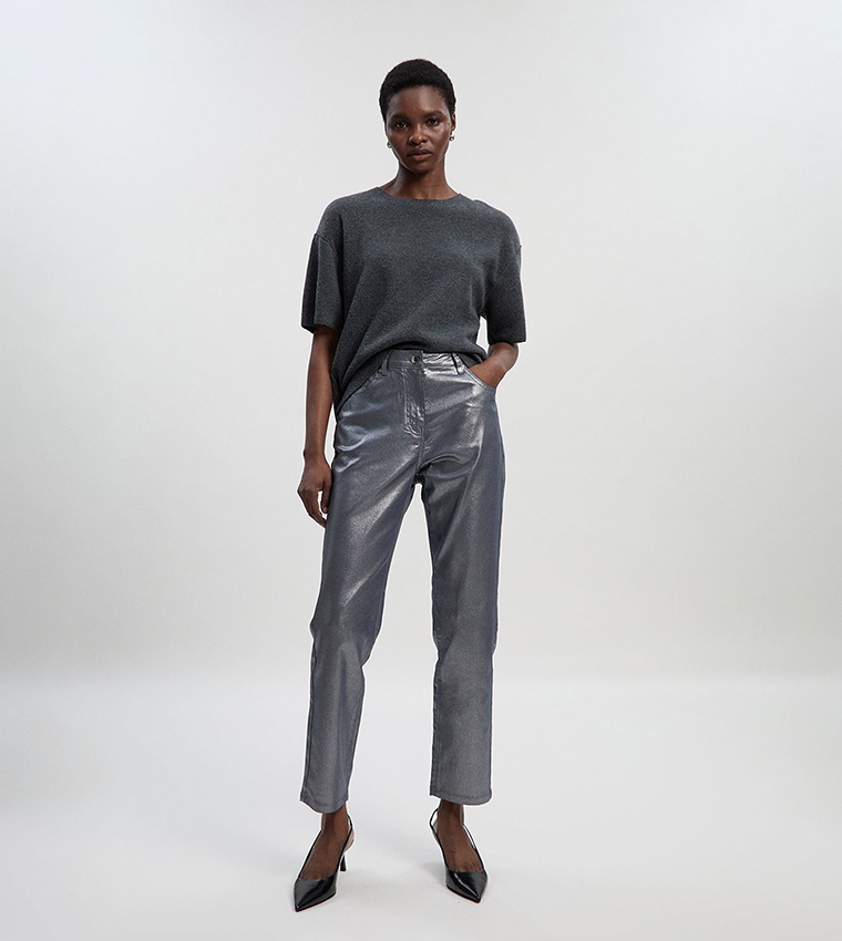 Petite Metallic Coated Tapered Fit Jeans