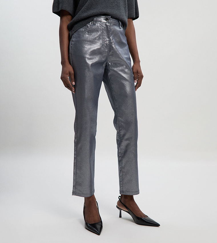 Petite Metallic Coated Tapered Fit Jeans