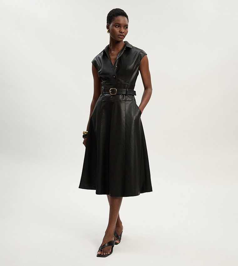 Faux Leather Belted Midi Dress