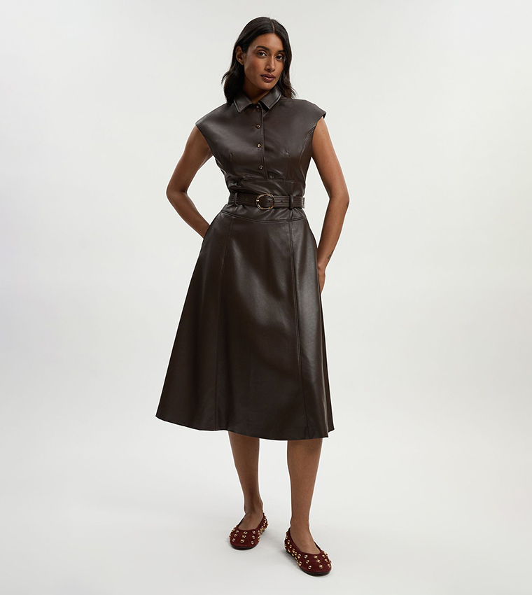 Faux Leather Belted Midi Dress