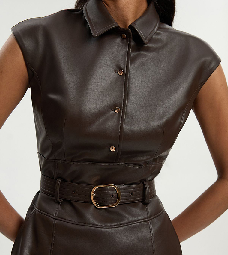 Faux Leather Belted Midi Dress