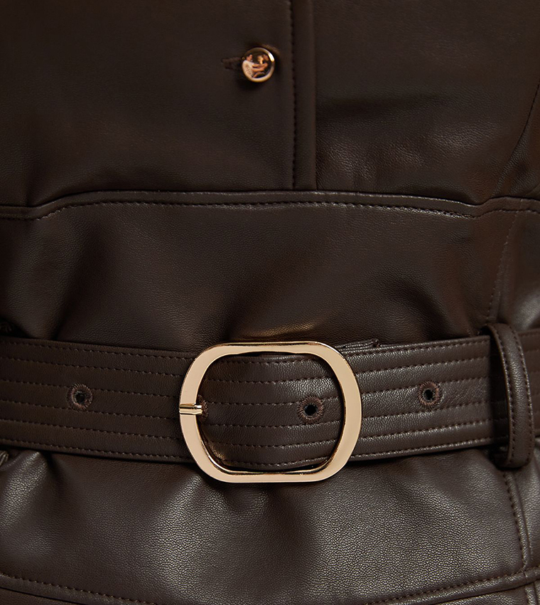 Faux Leather Belted Midi Dress