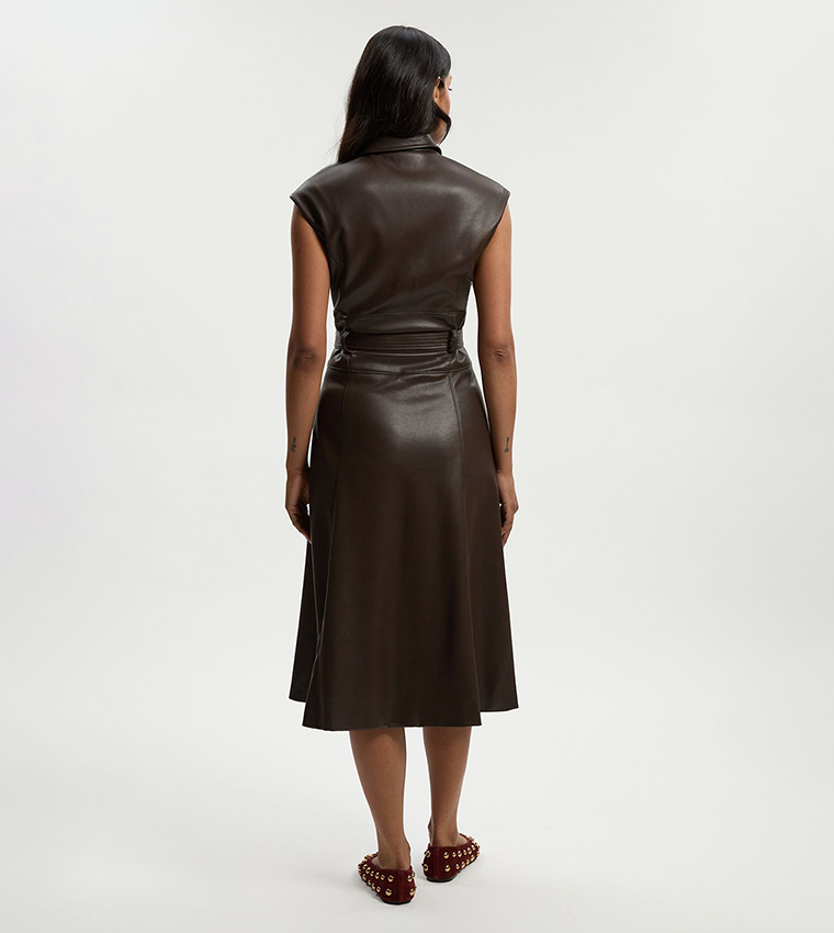 Faux Leather Belted Midi Dress