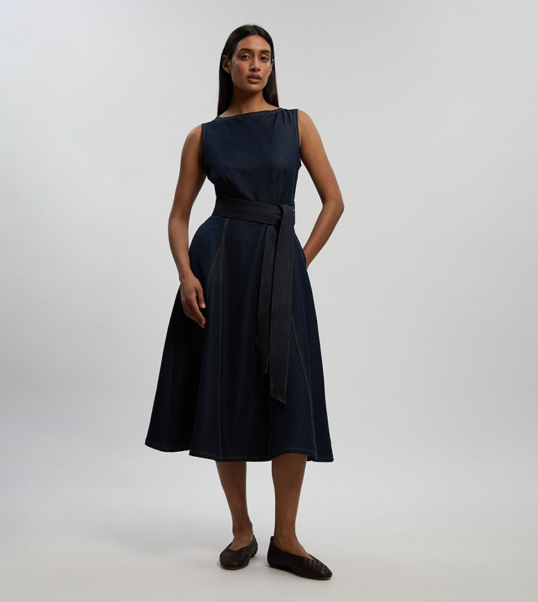 Denim Belted Flared Tailored Midi Dress