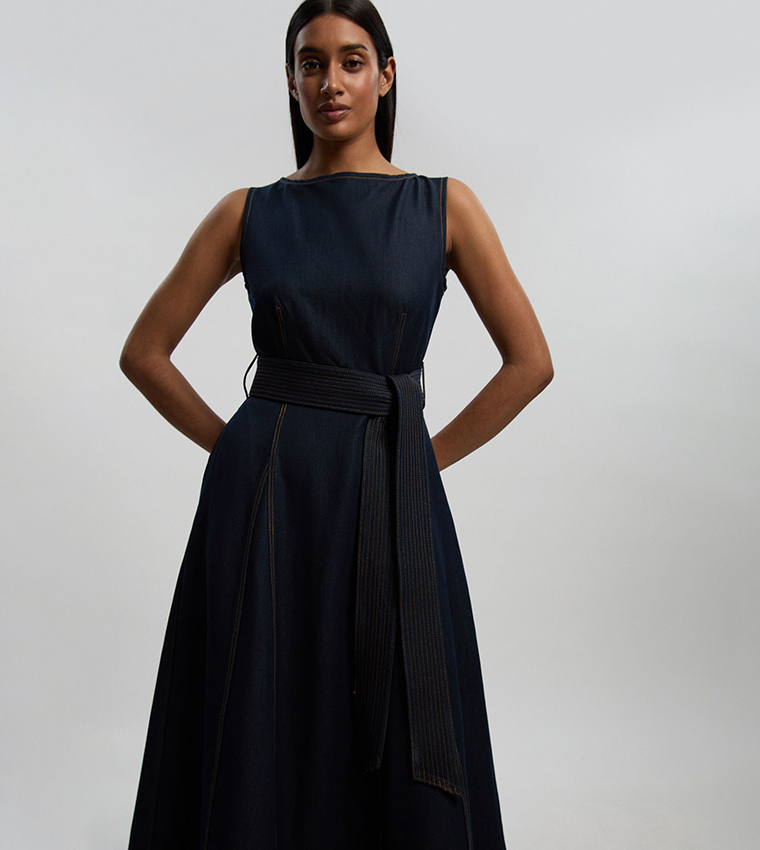 Denim Belted Flared Tailored Midi Dress