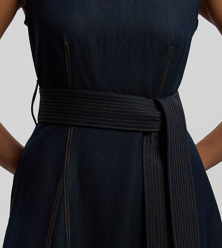 Denim Belted Flared Tailored Midi Dress