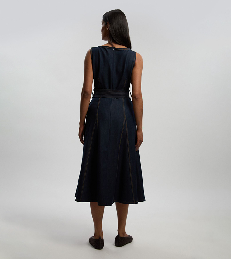 Denim Belted Flared Tailored Midi Dress