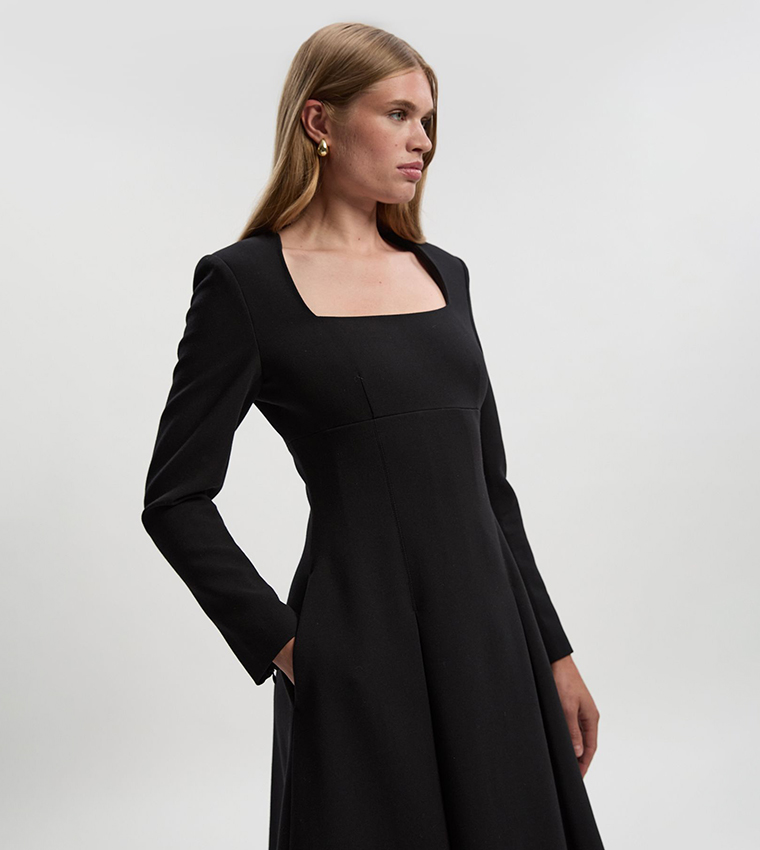 Solid Square Neck Long Sleeves Midi Dress
