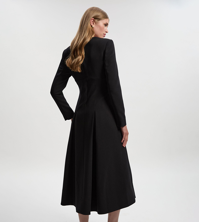 Solid Square Neck Long Sleeves Midi Dress