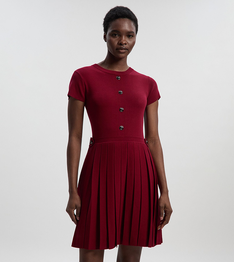 Viscose Blend Tab Detail Pleated Knit Mini Dress