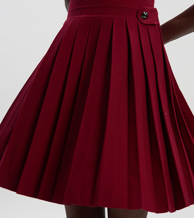 Viscose Blend Tab Detail Pleated Knit Mini Dress