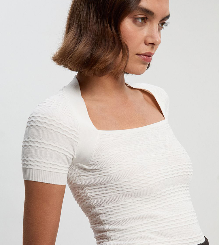 Pointelle Stitch Detail Short Sleeves Knit Top