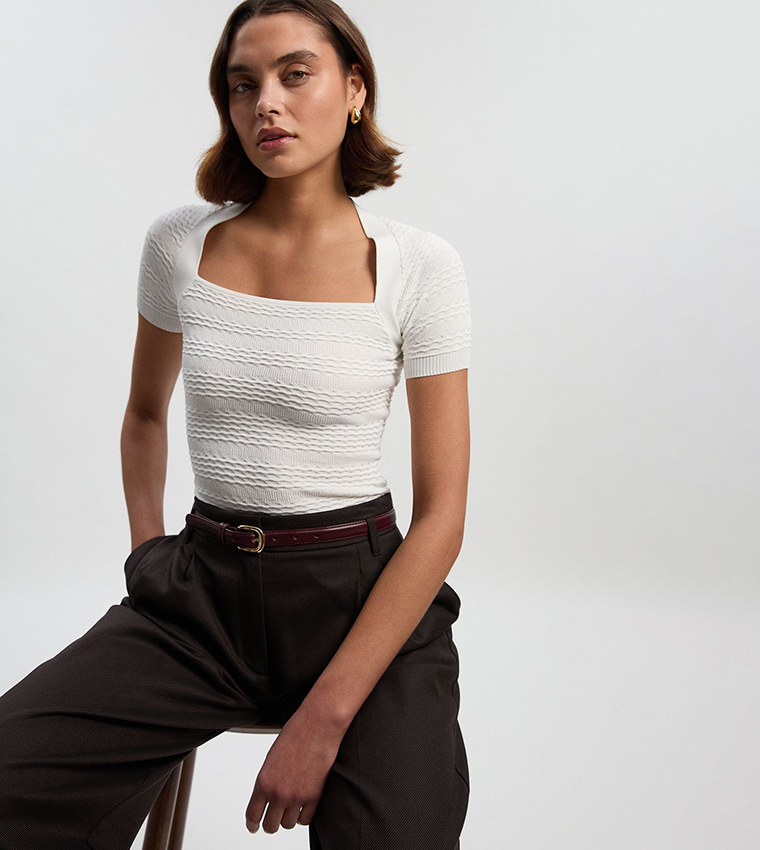 Pointelle Stitch Detail Short Sleeves Knit Top