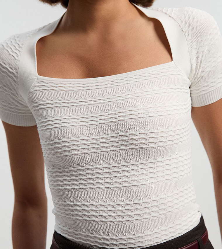 Pointelle Stitch Detail Short Sleeves Knit Top