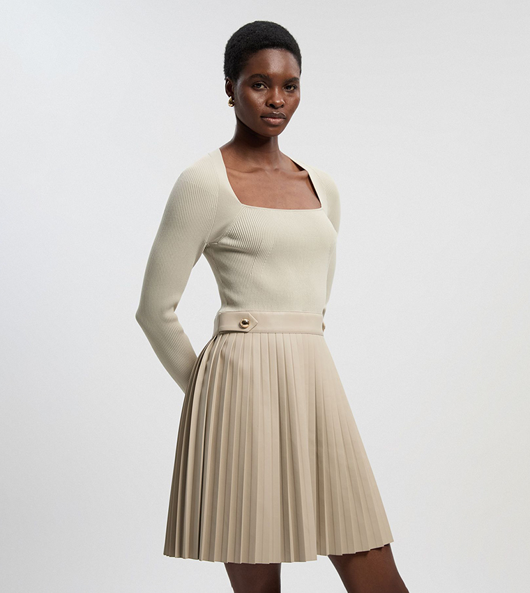 Buy Karen Millen Viscose Rib Pu Mix Tab Detail Pleated Knit Mini