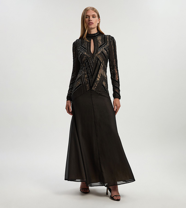 Buy Karen Millen Velvet Embellished Long Sleeves Maxi Dress In Black | 6thStreet Qatar Buy Karen Millen Velvet Embellished Long Sleeves Maxi Dress In Black | 6thStreet Qatar