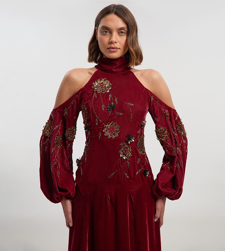 Velvet Cold Shoulder 3D Floral Applique Woven Maxi Dress