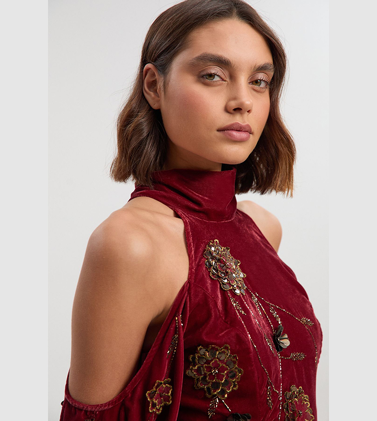 Velvet Cold Shoulder 3D Floral Applique Woven Maxi Dress