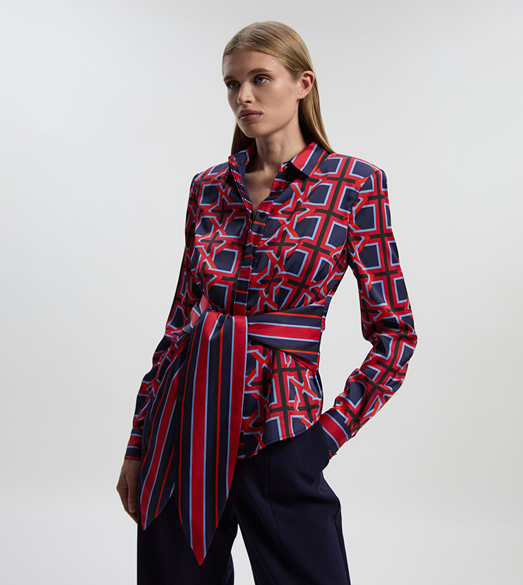Geo Print Hammered Satin Tie Waist Woven Shirt
