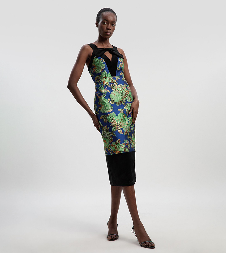 Velvet and Jacquard Contrast Strappy Tailored Midi Dress